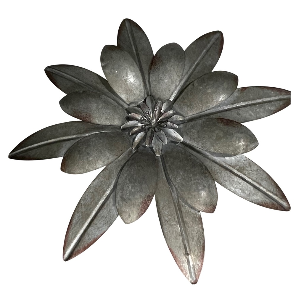 Galvanized Metal Flower Wall Decor Rustic Silver Zinc Floral Sculpture 10.5 Inch